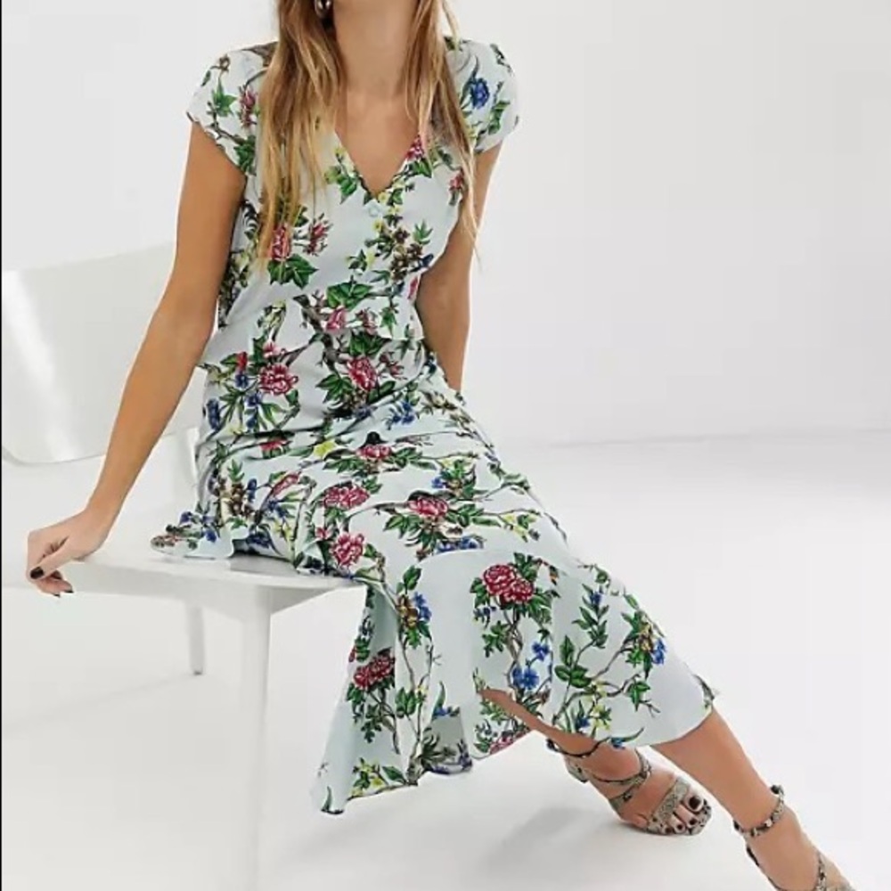 ASOS Warehouse midi dress with ruffles in floral print